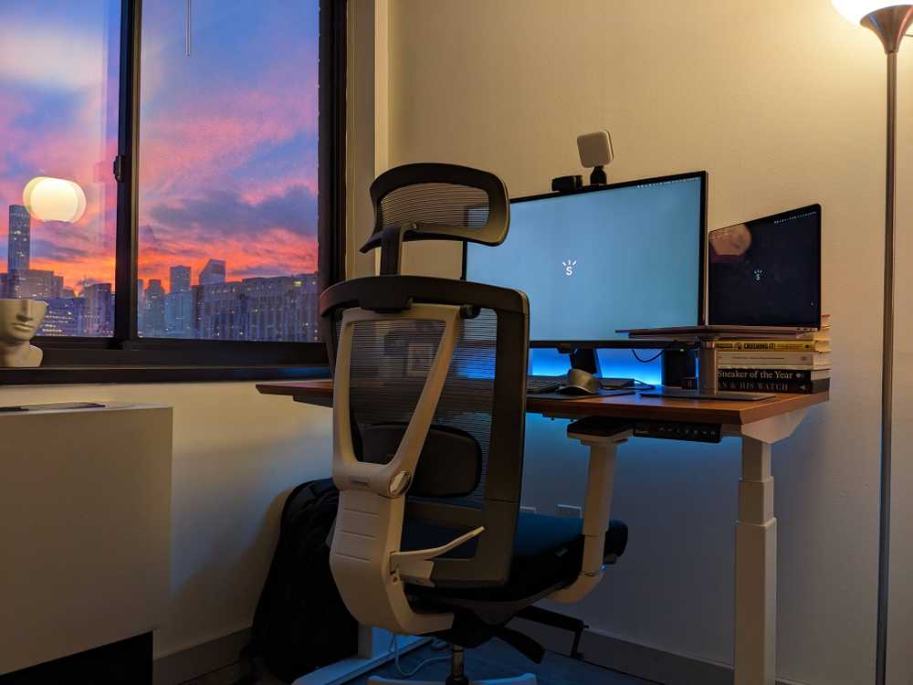 My new desk setup with a sunset view