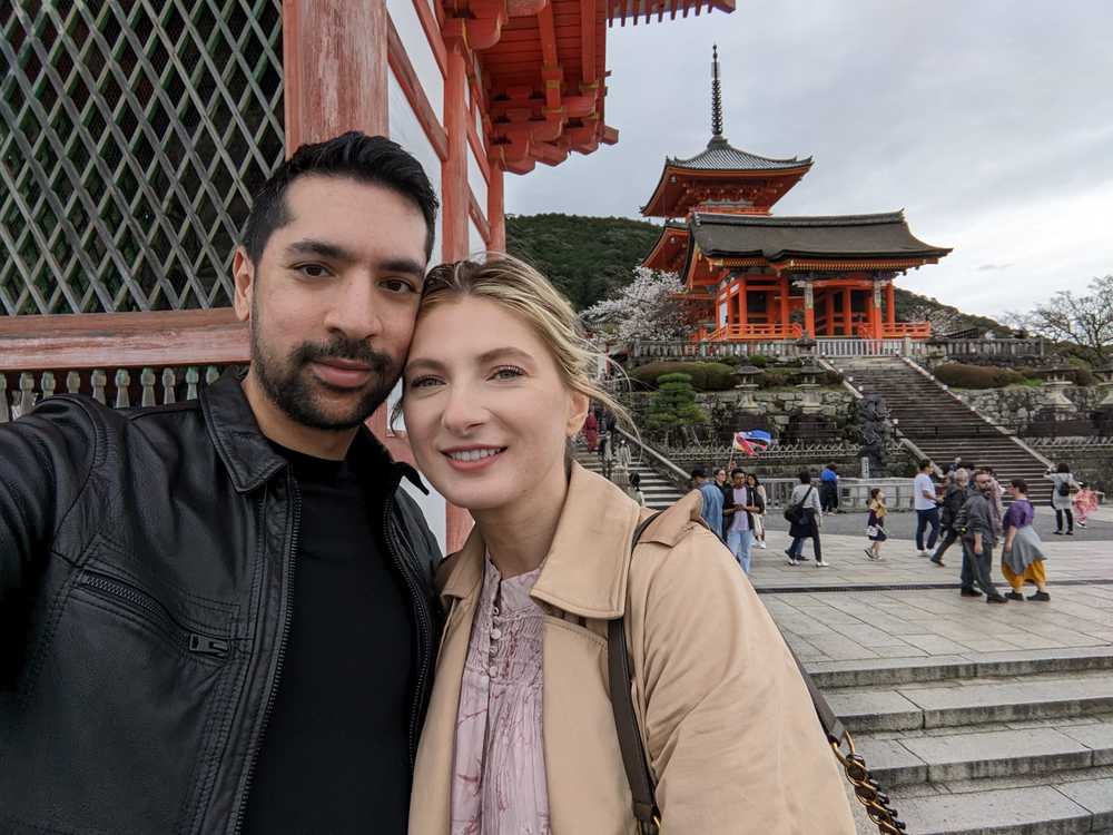 With my wife Tanya at the Kiyomizu-dera Niomon Gate in Kyoto, Japan